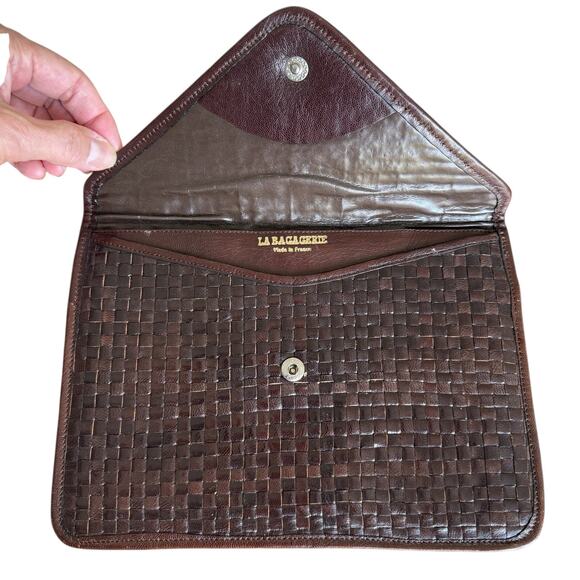 La Bagagerie Brown Woven Leather Envelope Clutch Handbag France Classic Chic - Picture 2 of 13